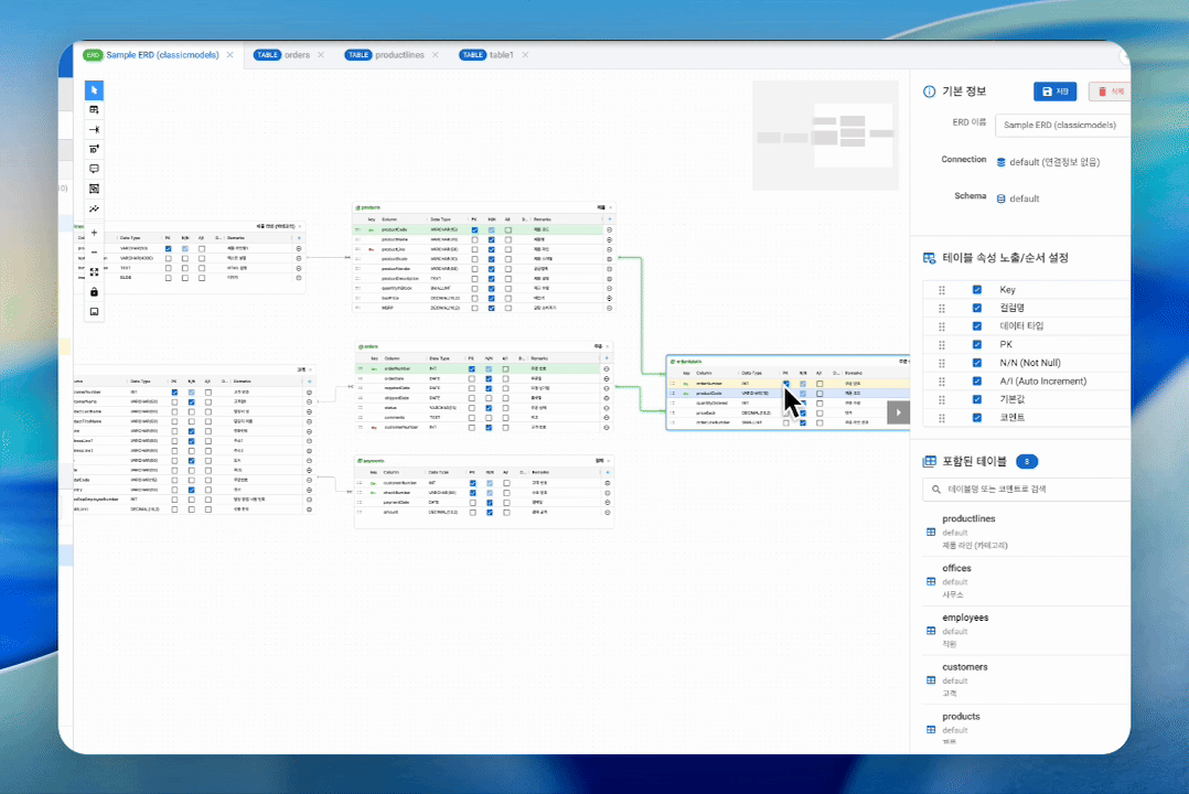 NeoSQL ERD editor showing database table relationships and schema visualization