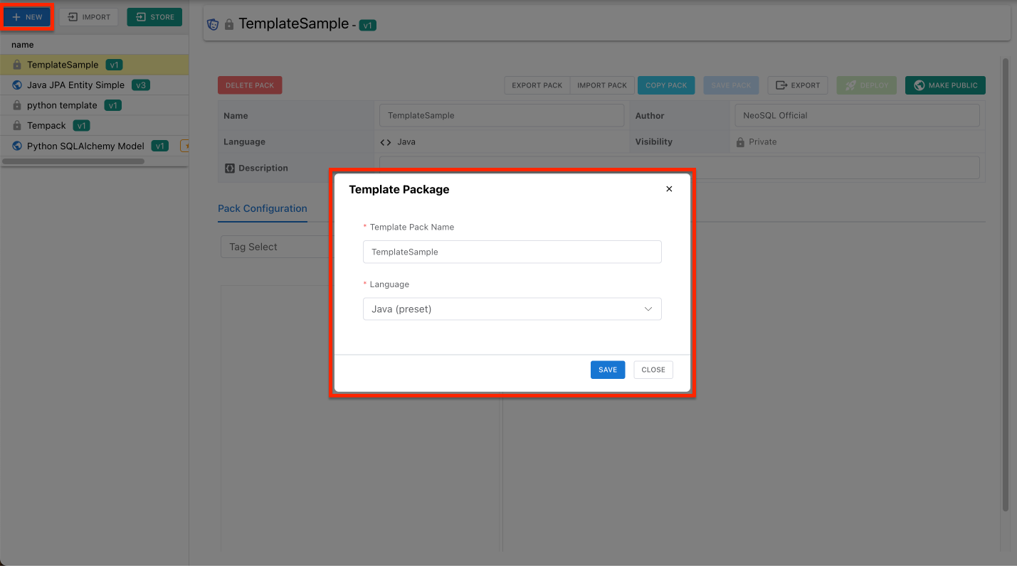 Template Pack management page