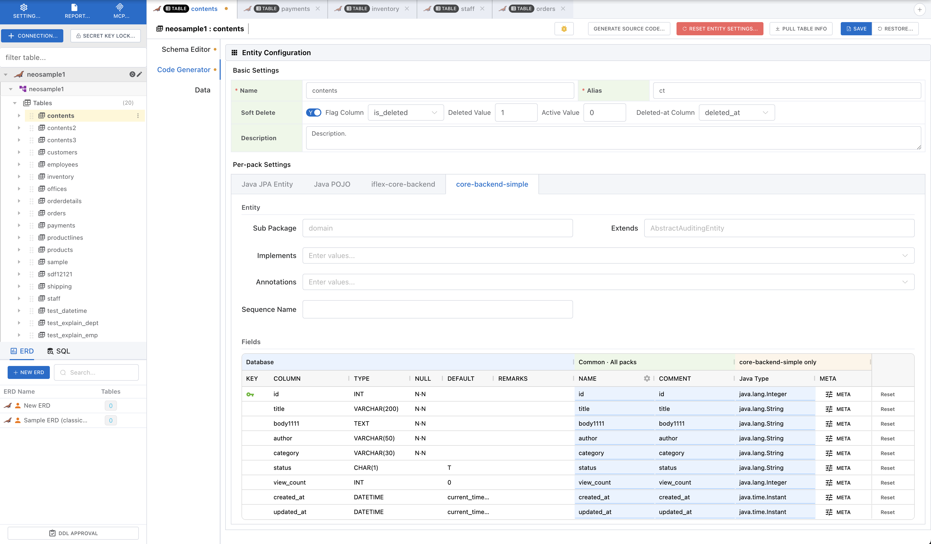 Code Generator tab in the table detail view