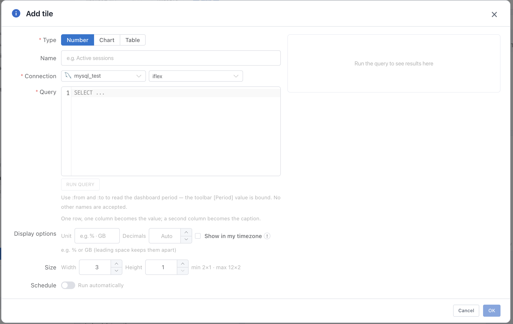 The whole tile settings dialog — name, connection, SQL, display type, size and interval