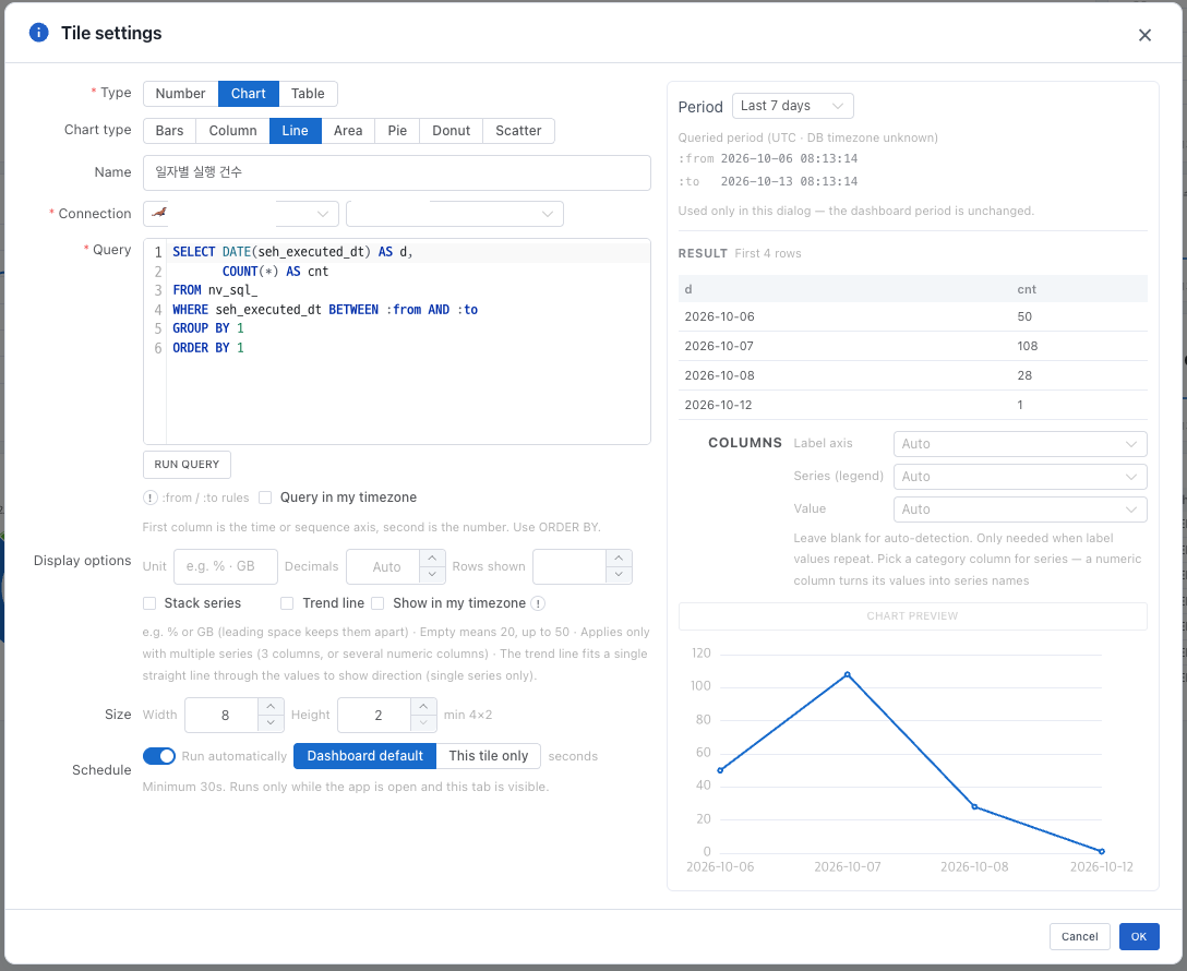 The preview in the tile settings dialog — the result and the column role pickers