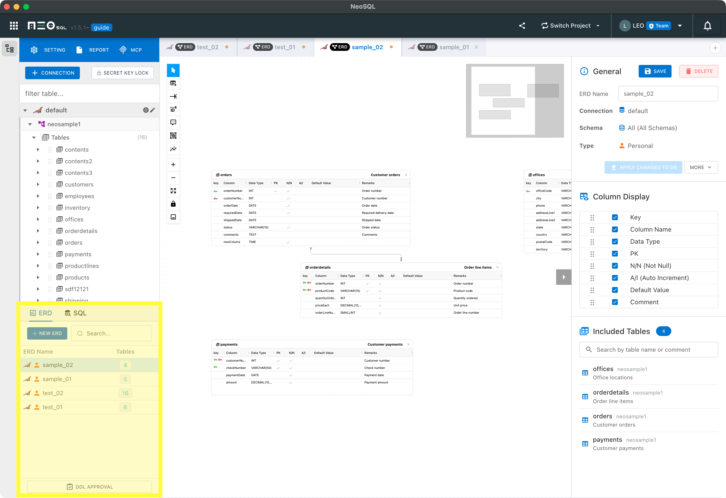 Left ERD list showing the new ERD button, search input, ERD names, and table counts