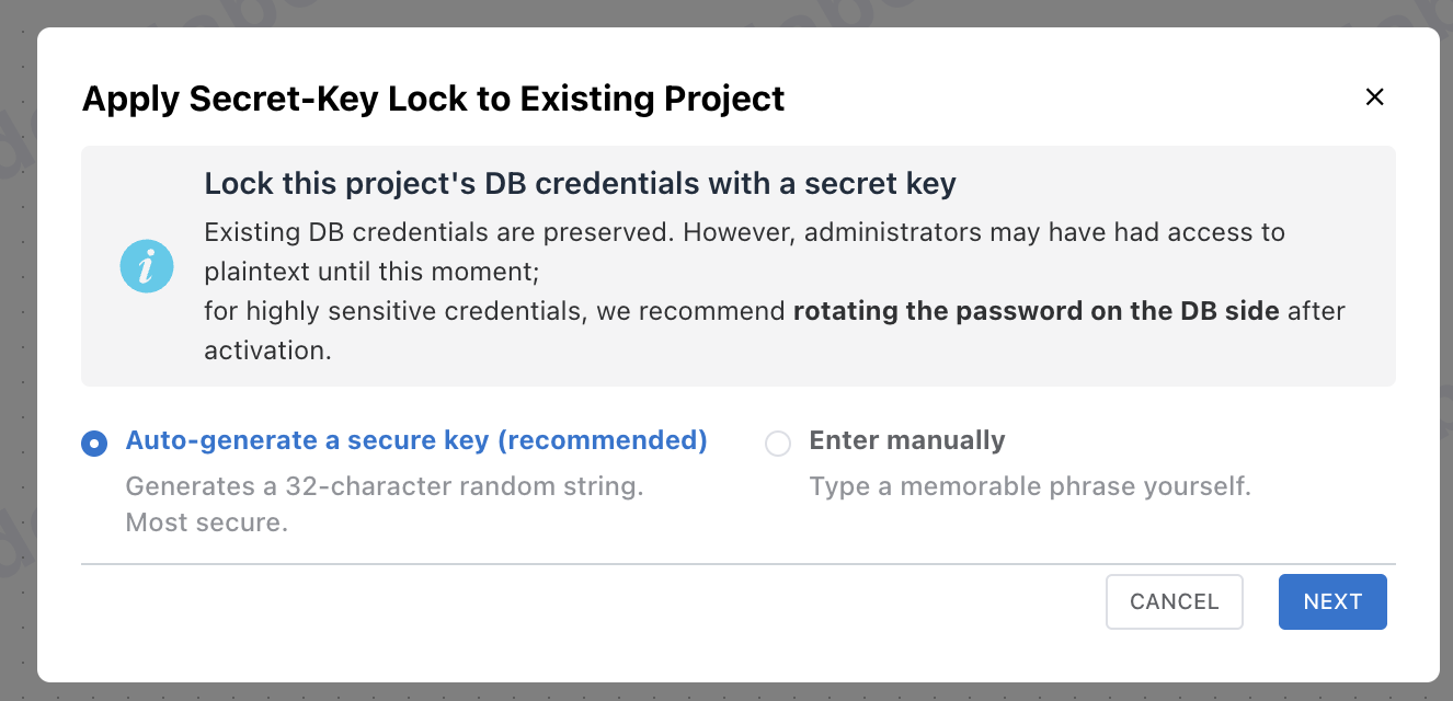 [Screenshot: secret-key setup modal — generate or manual input]