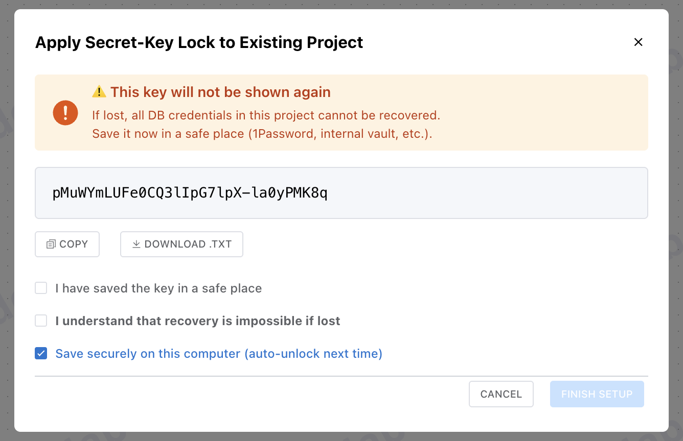 [Screenshot: secret-key display + download/copy + confirm checkboxes]