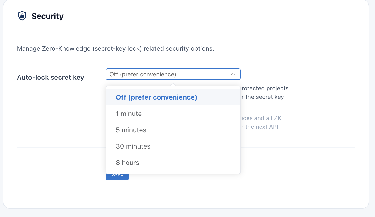 [Screenshot: My Page → Security → auto-lock dropdown]