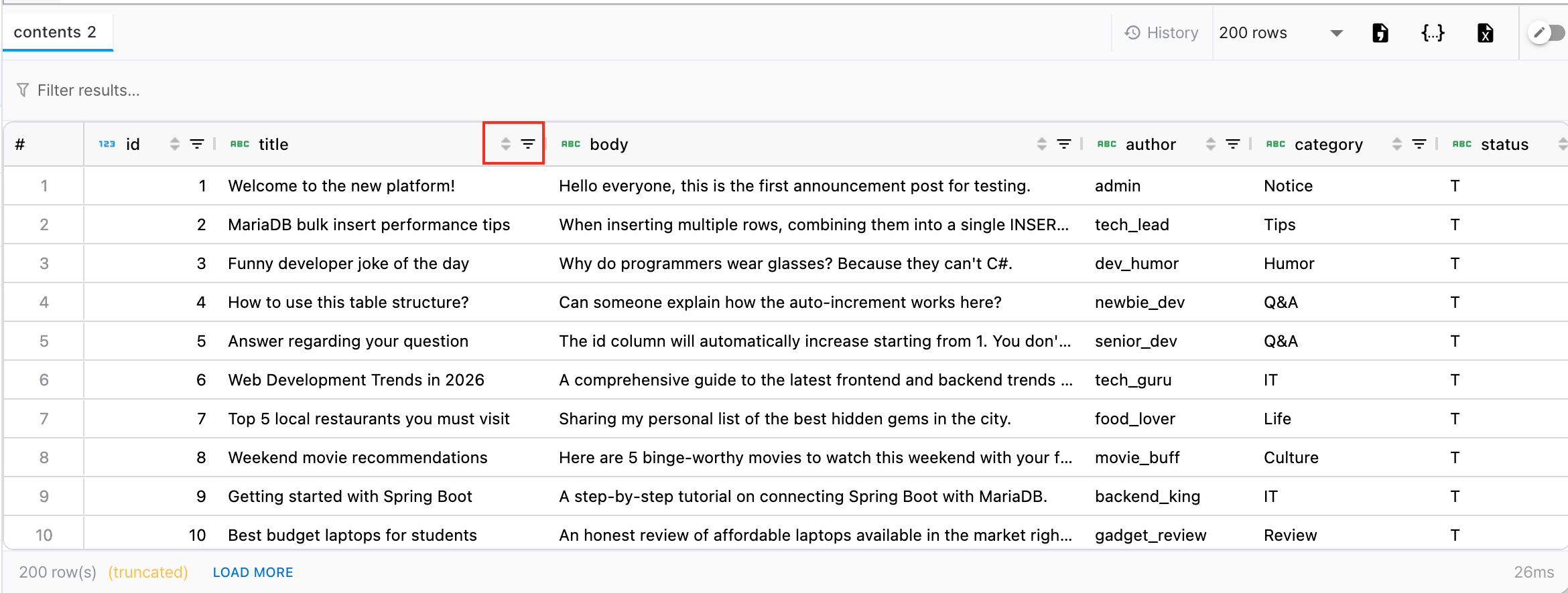 Sort / Filter / Column Hide / Column Resize