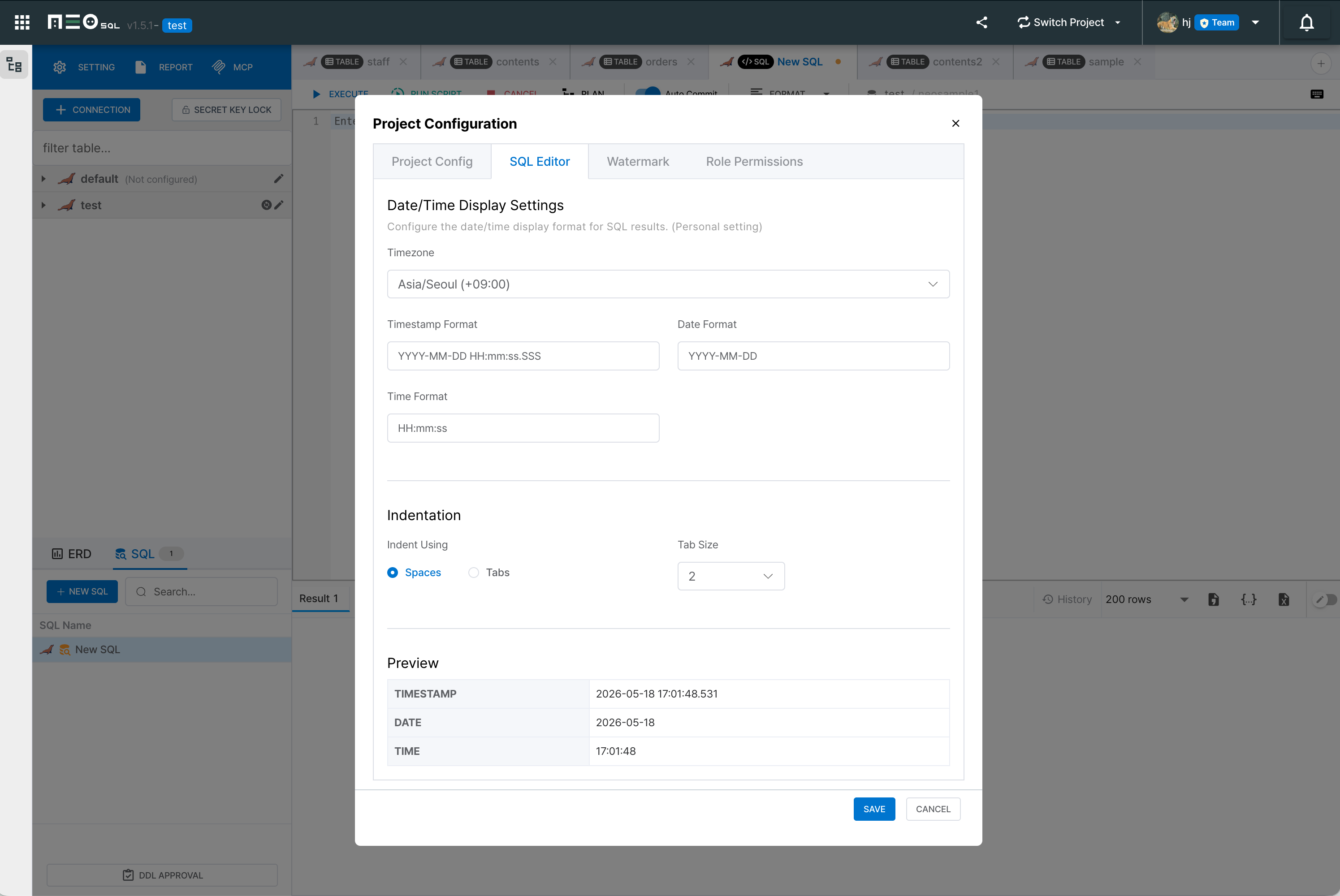 SQL Editor Project Settings
