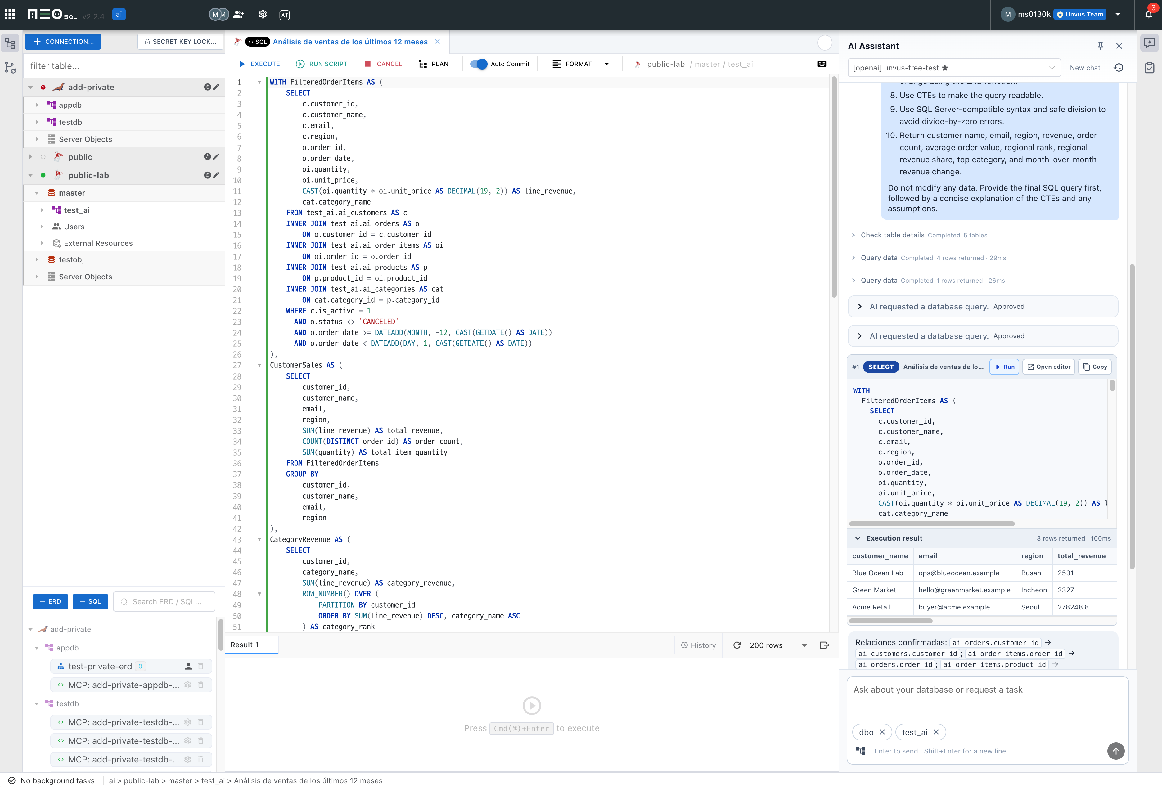 Opening the AI panel, selecting context, generating SQL, and reviewing its execution result