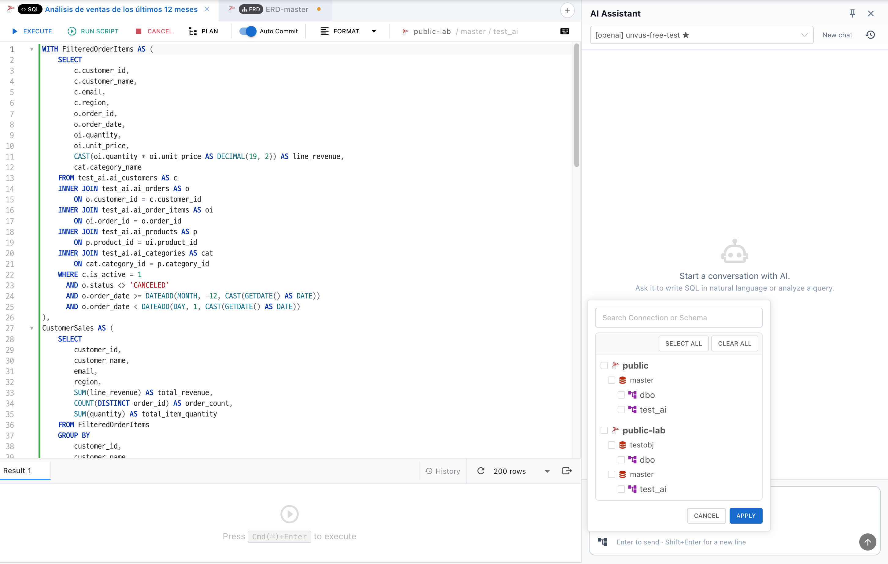 AI Chat context picker with search, select all, and Schemas from multiple Connections