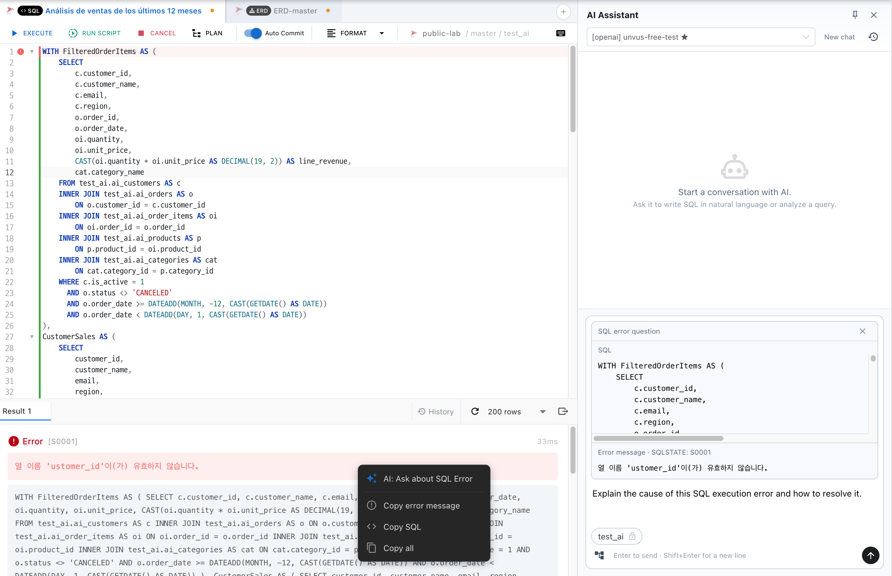 Choosing the AI SQL error action from an error context menu and viewing the read-only error attachment in AI Chat