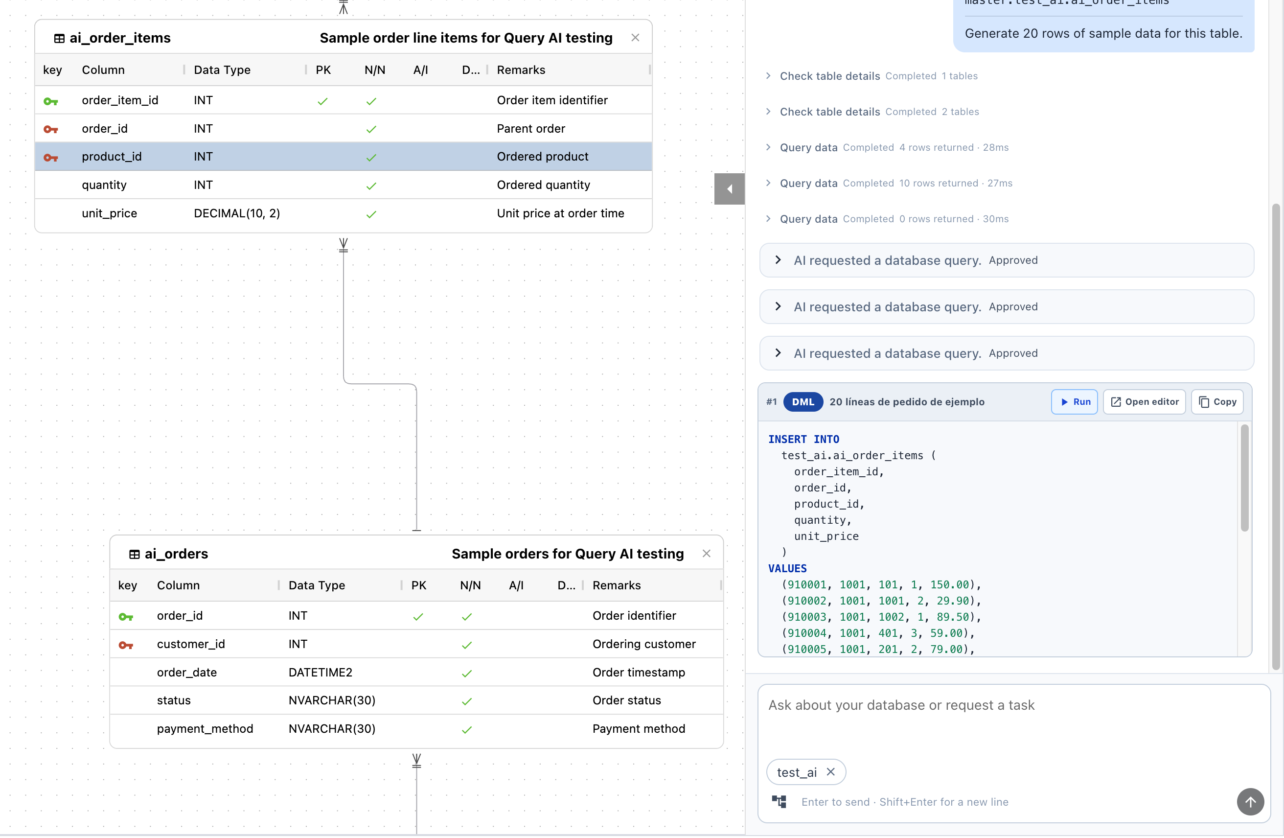 AI-generated Sample Data INSERT cards and execution results