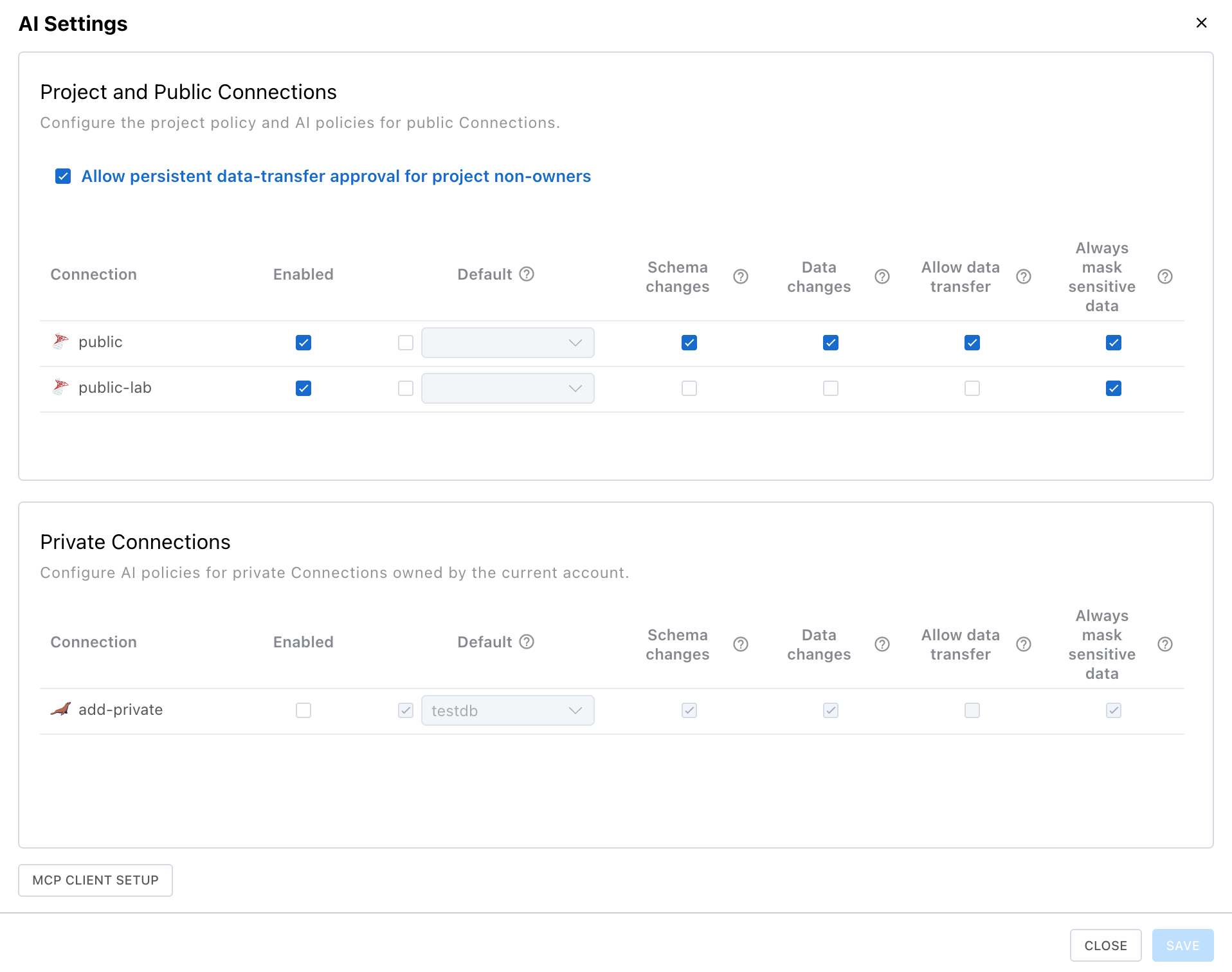 Project AI policy table for public and private Connections