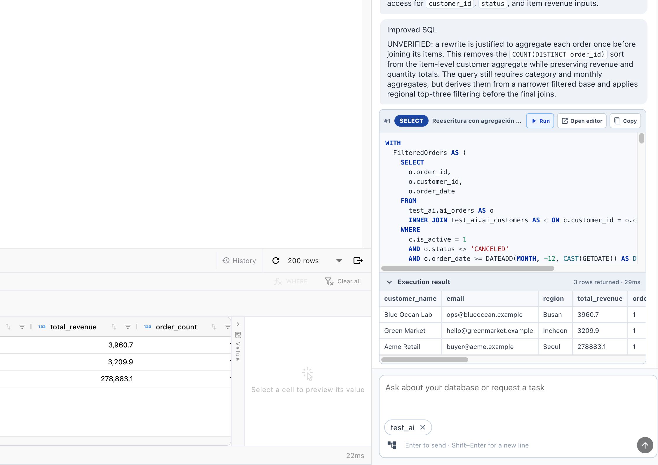 Running an inline SQL card, expanding its result, and opening it in the regular SQL Editor