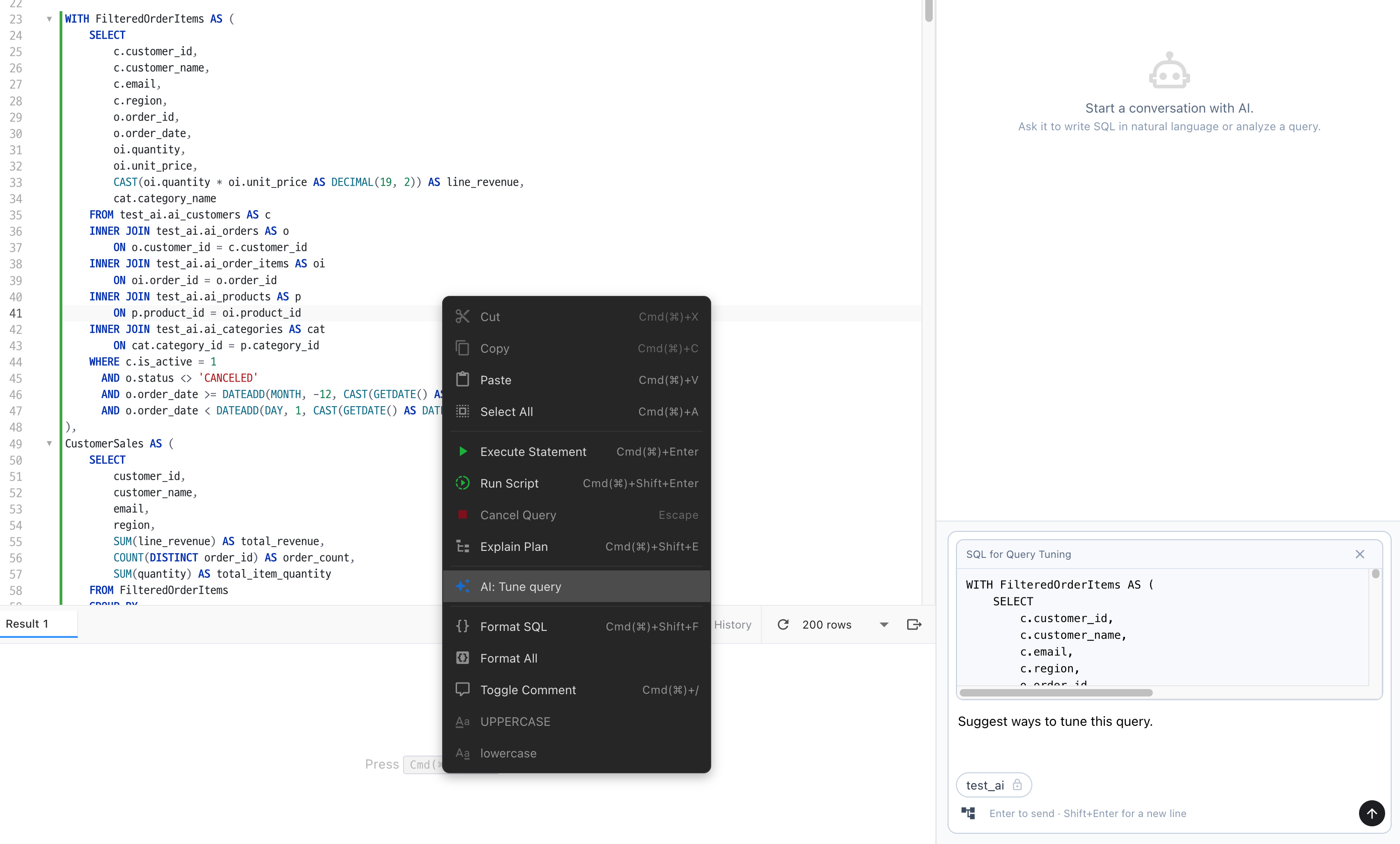 Starting Query Tuning in SQL Editor with a locked SQL attachment in AI Chat