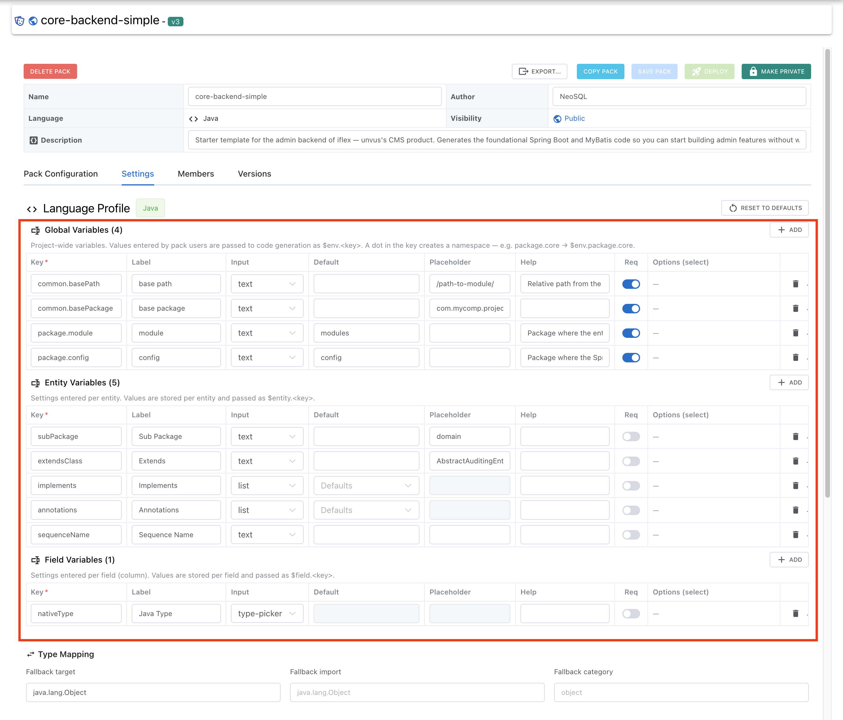 Language profile editor in the Settings tab