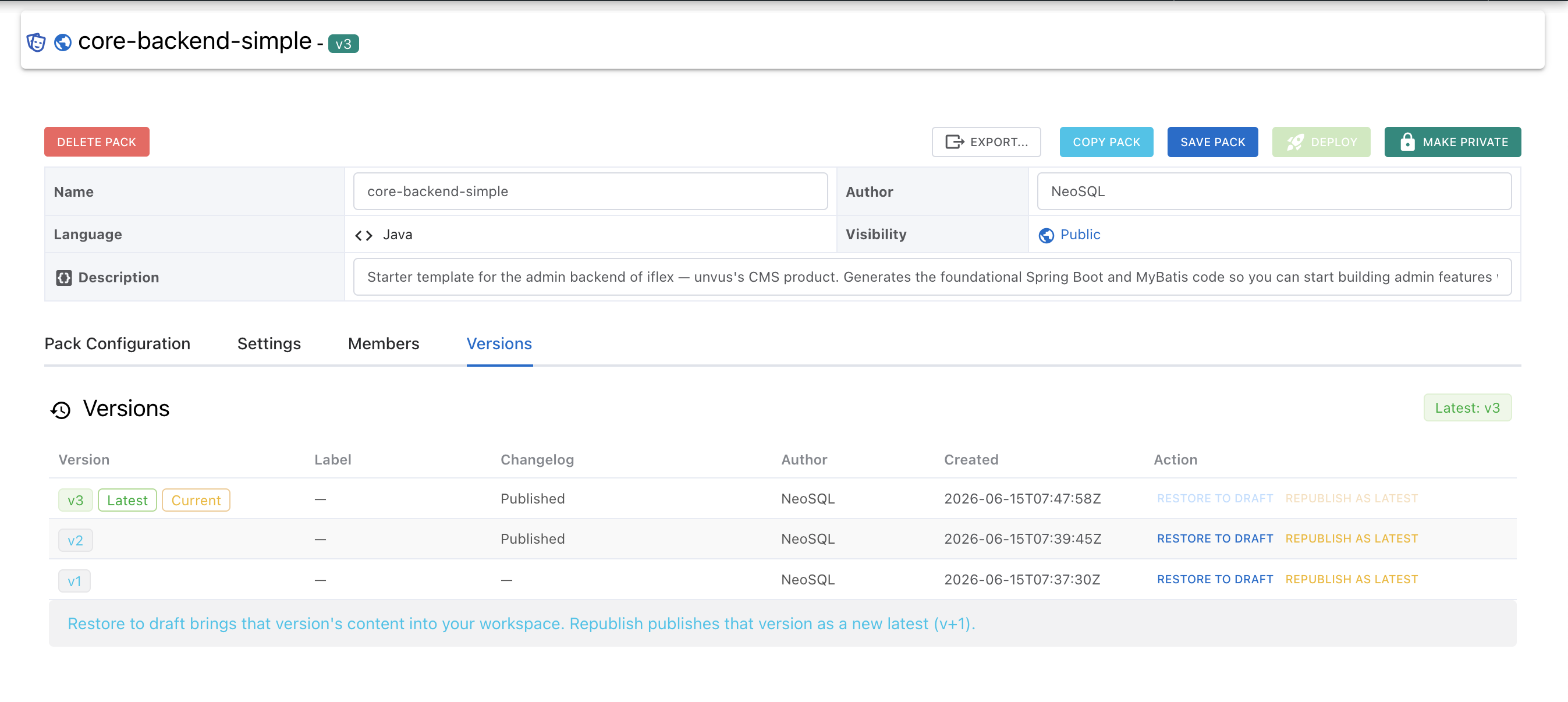 Versions tab