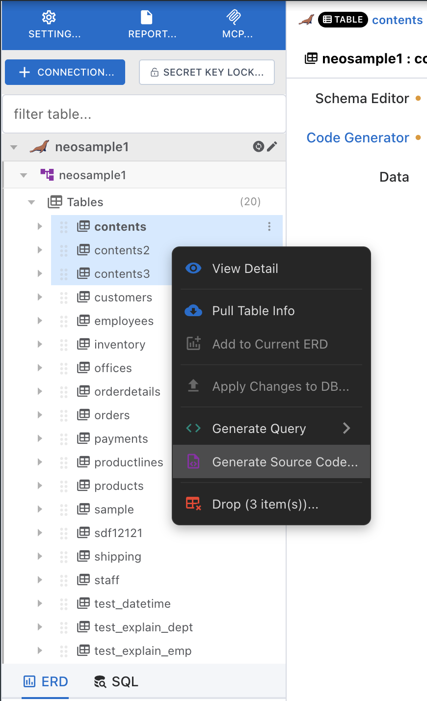 Code Generator tab in the table detail view