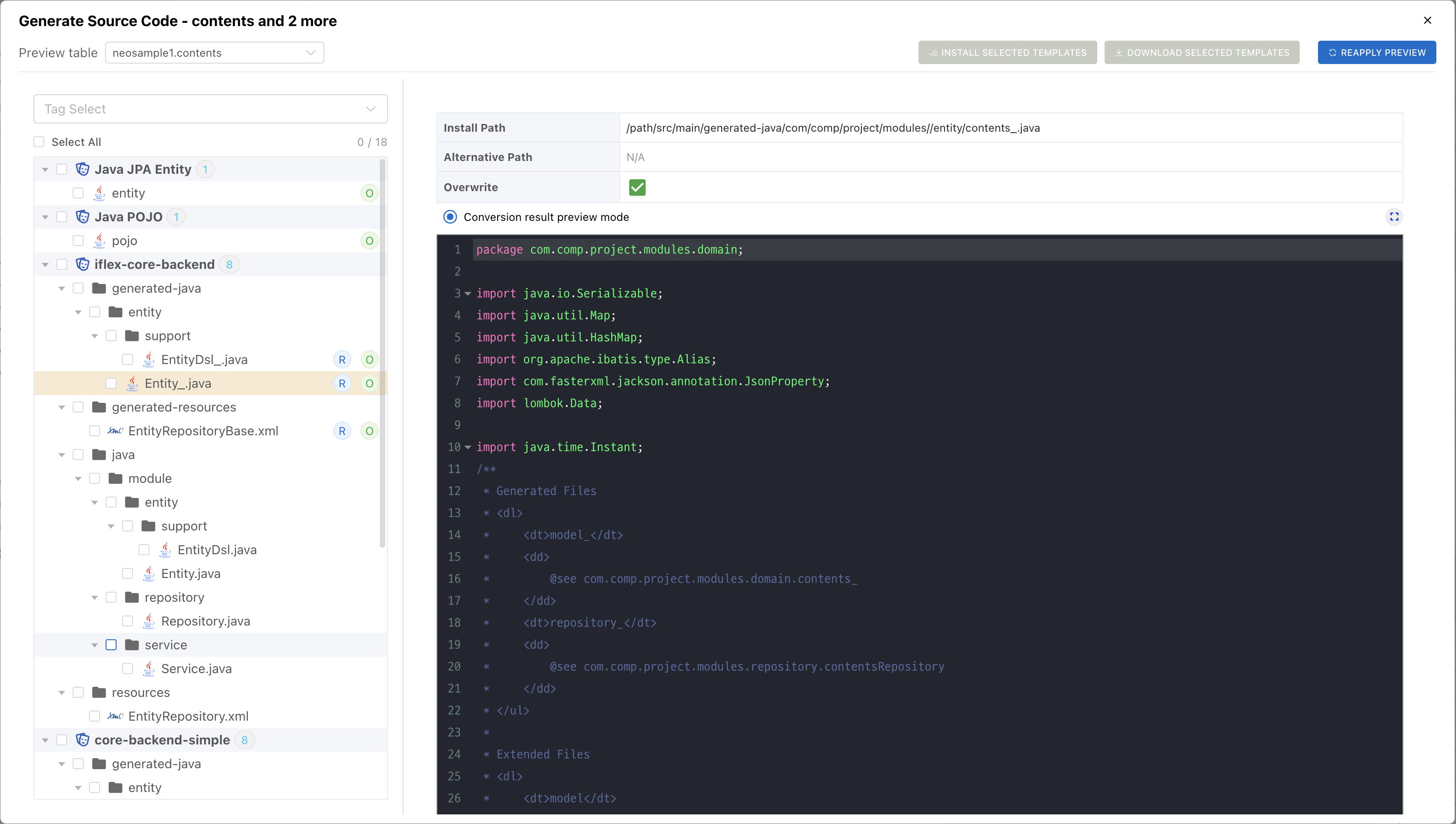 Source code generation modal