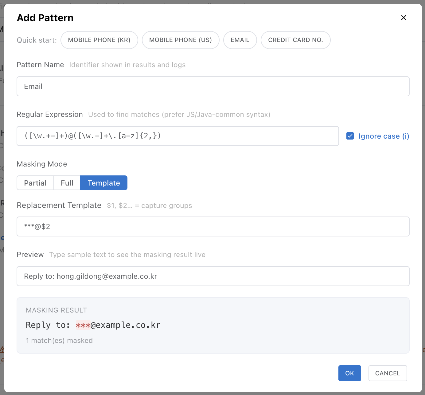 Add pattern dialog