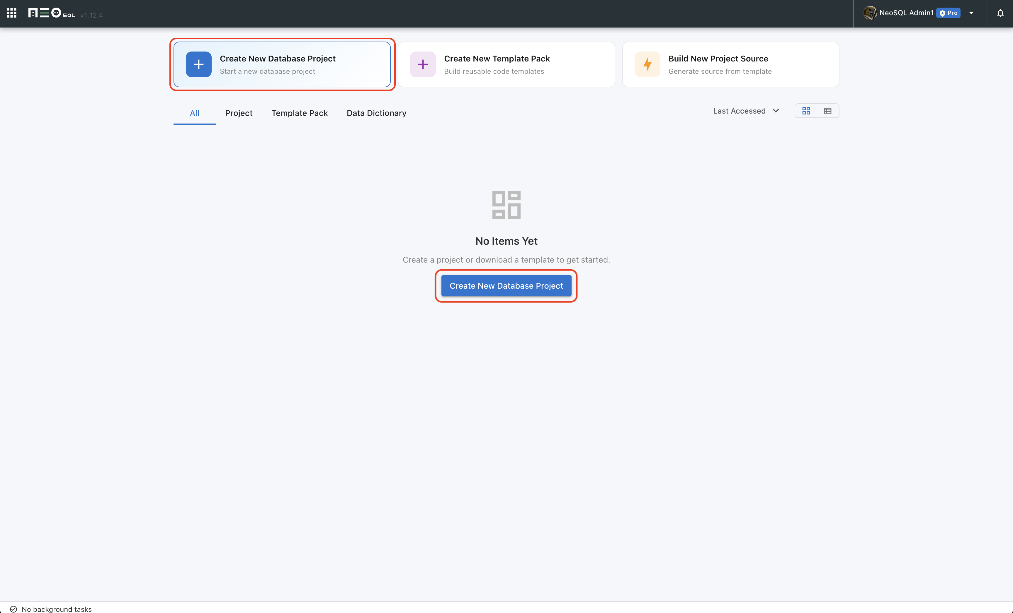 Click "Create New Database Project" on the dashboard