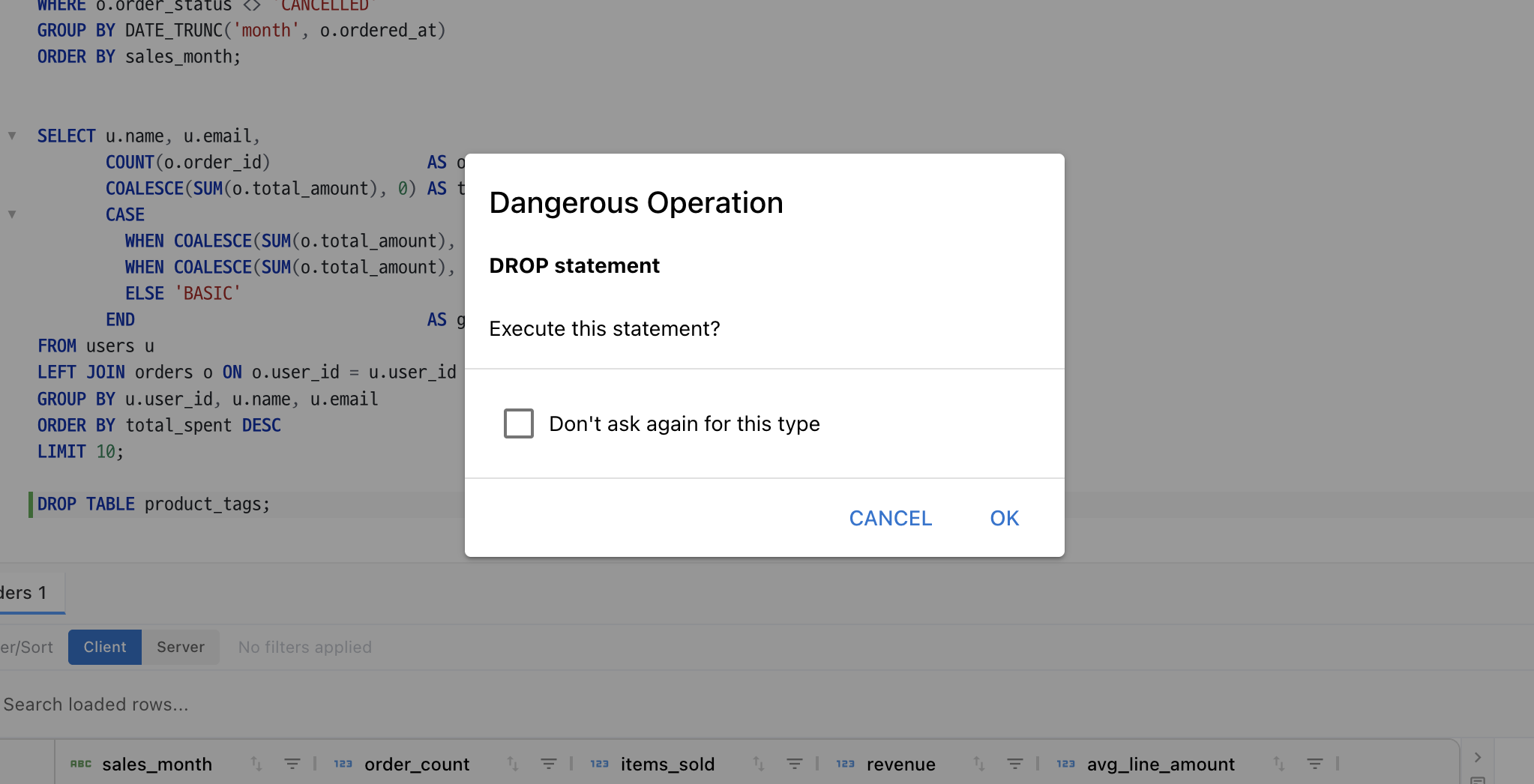 Confirmation dialog shown before a destructive SQL statement runs